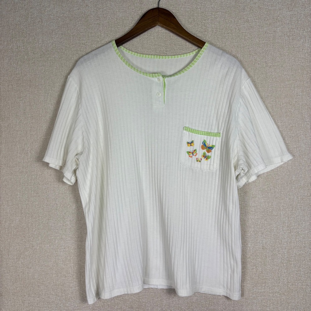White Ribbed Top XL Butterfly Embroidery Gingham Trim Short Sleeve Spring Summer